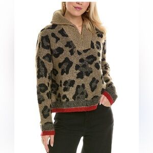 JOSEPH A. Women's Large 1/4 Zip Mock Neck Animal Print Sweater with Red Trim
